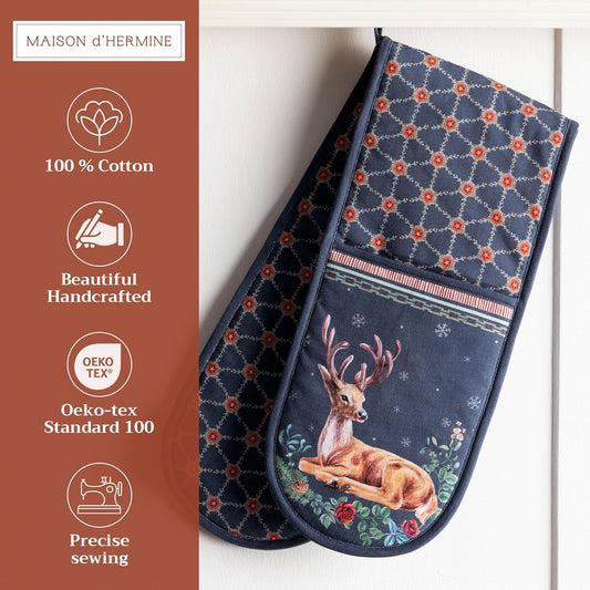 Maison d' Hermine Double Oven Mitts 100% Cotton 7"x35" Double Oven Mitt Heat Resistant BBQ Cooking Gloves with Loop, Baking, Grilling, Home, Kitchen, Handling Hot Pans (Christmas Joy)