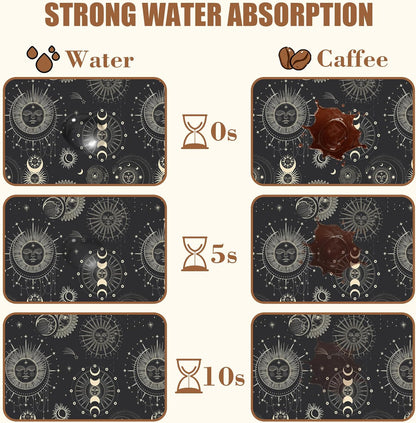 Moon Sun Zodiac Coffee Mat Absorbent Astrology Dish Drying Mat for Kitchen Counter Hide Stain Rubber Backed Coffee Bar Accessories Fit Under Espresso Machine, 11.8 x 19.7 Inch