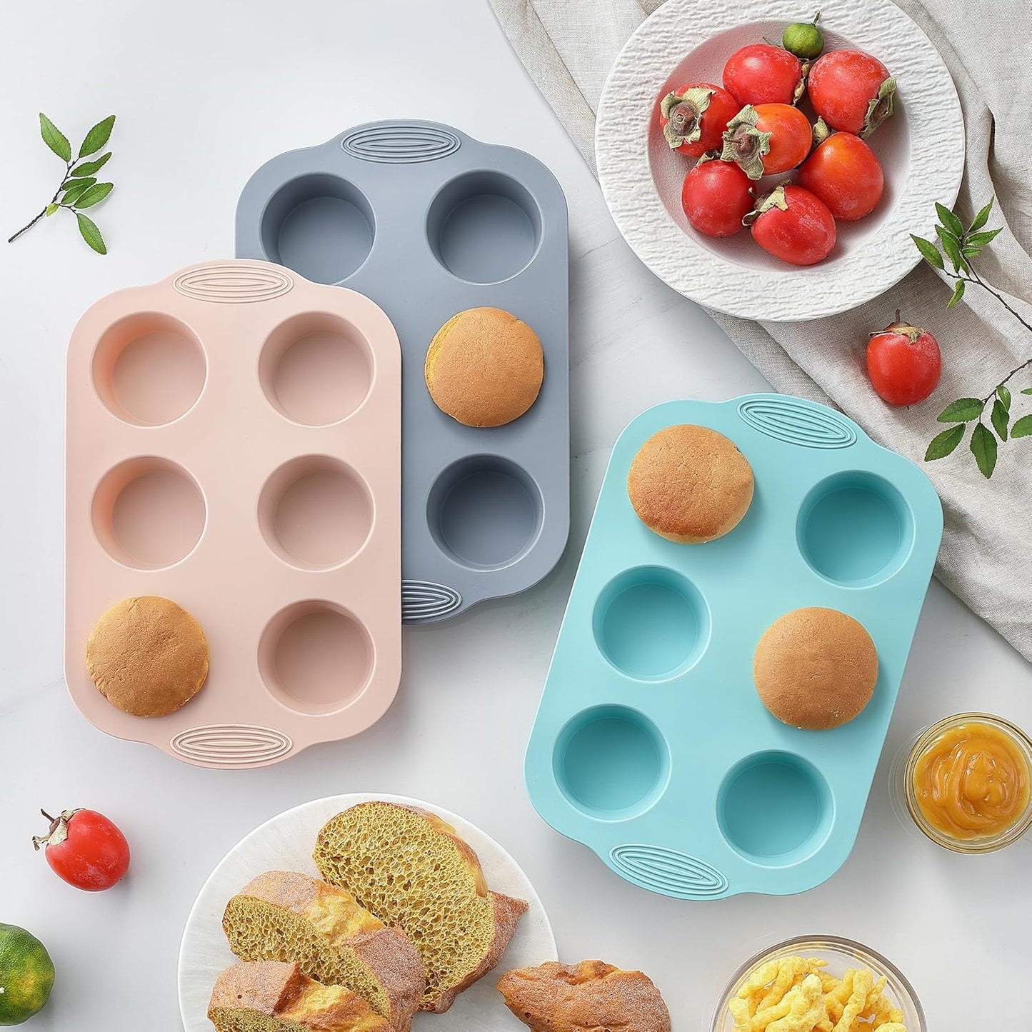 Silicone Muffin Pan, Food Grade Silicone Cupcake Molds for Baking Muffins and Cupcakes, 6-Cup Nonstick Cupcake Pan, Easy Cleaning and BPA-Free (Gray, Orange, Blue)