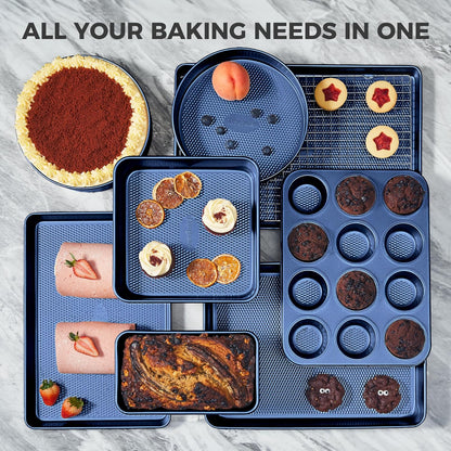 HONGBAKE 9-Piece Baking Pans Set Nonstick, Stackable Non Toxic Bakeware Sets with Diamond Texture, Oven Pan Set for Cooking, Includes Cookie Sheet with Rack, Cake Pan, Roasting Pan, Muffin Tin, Blue