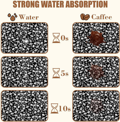 Black and White Flowers Dish Drying Mat for Kitchen Counter Coffee Bar Mat Hide Stain Absorbent Rubber Backed Drying Rack Pad Espresso Machine Coffee Table Accessories 15.7 x 23.6 Inch