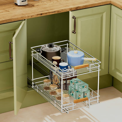 Pull Out Cabinet Organizer(14" W x 21" D), 2 Tier Slide Out Shelves with Wood Handle, Sliding Drawer Pull Storage Shelf for 15-1/4” Cabinet Opening, Chrome
