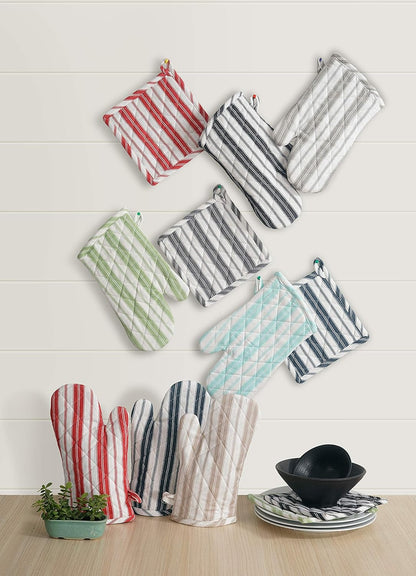 Oven Mitts & Potholder Set - Durable Heat Resistant Gloves - Thick Mittens for Kitchen - Suitable for Cooking, Baking, Grilling – BBQ - 2 Oven Mitts & 2 Potholders – Dark Grey Stripes - Casa De Lan