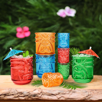 Final Touch Tiki Shot Glasses Set of 4 - Kanaloa, Lono, Kū, Kāne Designs, 2 oz (60 ml), Multicoloured, Stackable Totem Pole Storage, Durable Glassware for Tropical Shots (TK5402)