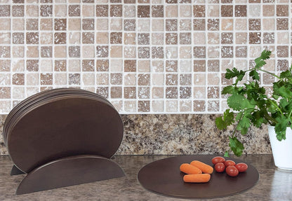 6 Walnut Stained Wood Boards with Stand, Perfect for Serving, Sushi, Cheese, Hors D'Oeuvre, Charcuterie, Sandwiches, 7 Piece Set, 9 1/2" x 6 1/2" ★★Pack of 10★★