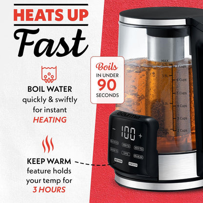 Gourmia Electric Programmable Glass Kettle – 1.7L Temperature Control Tea & Coffee Kettle with Digital Touch Display, 6 Presets, Keep Warm, Removable Stainless Steel Infuser, 360° Swivel Base – White