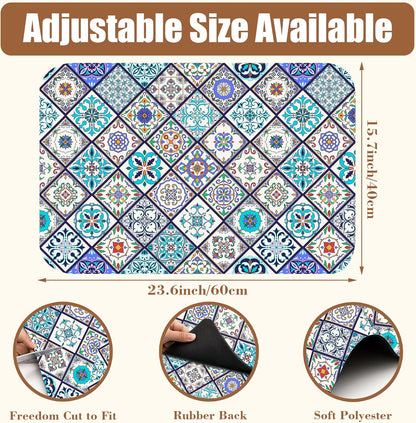 Colorful Tiles Dish Drying Mat for Kitchen Counter Hide Stain Absorbent Coffee Bar Mat Non-Slip Rubber Backed Drying Rack Pad Coffee Pot Espresso Machine Table Accessories 15.7 x 23.6 Inch