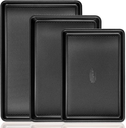 Cookie Sheets for Baking Nonstick - HONGBAKE Baking Sheet Pan Set of 3, Half/Quarter/Jelly Roll Pan for Oven with Diamond Texture Pattern, 57% Thicker Carbon Steel Cookie Trays, Dark Grey