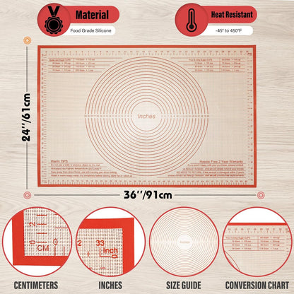 Silicone Pastry Mat 36x24 Inch Nonstick Baking Mat Perfect for Dough, Pastry Board, Dough Rolling, Kneading Board, Pie Crust, Fondant, Pasta/Pizza, Kitchen Counter Mat