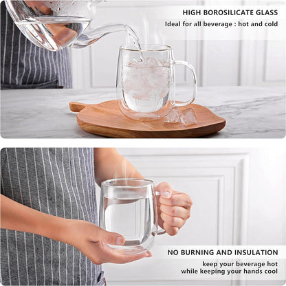 CNGLASS Large Double Wall Glass Coffee Mug 15.2oz,Clear Insulated Glass Espresso Cup with Big Handle,set of 1