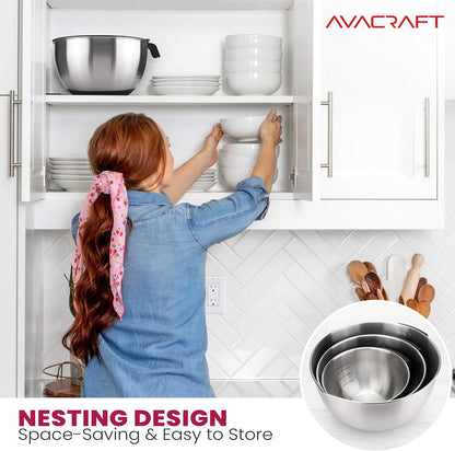 AVACRAFT 18/10 Stainless Steel Mixing Bowls with Lids, non slip silicone base bowls with Handle, Mixing Bowl Set with Pour Spouts & Measurement Marks, Home Essentials Cooking Bowls, (Black)