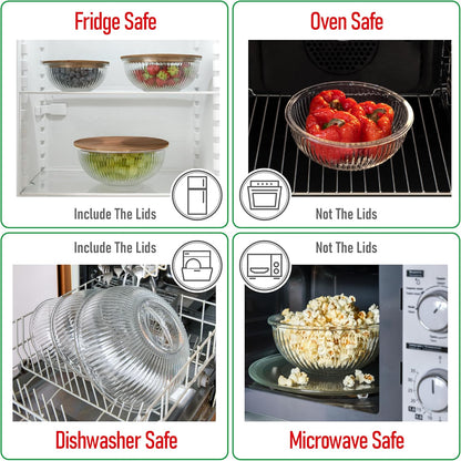 Set of 3 Stackable Space-Saving Nesting Glass Salad Bowls with Acacia Lids for Foodprep, Storage, Baking, Mixing & Cooking - Microwave Safe Durable Inert Borosilicate Glass