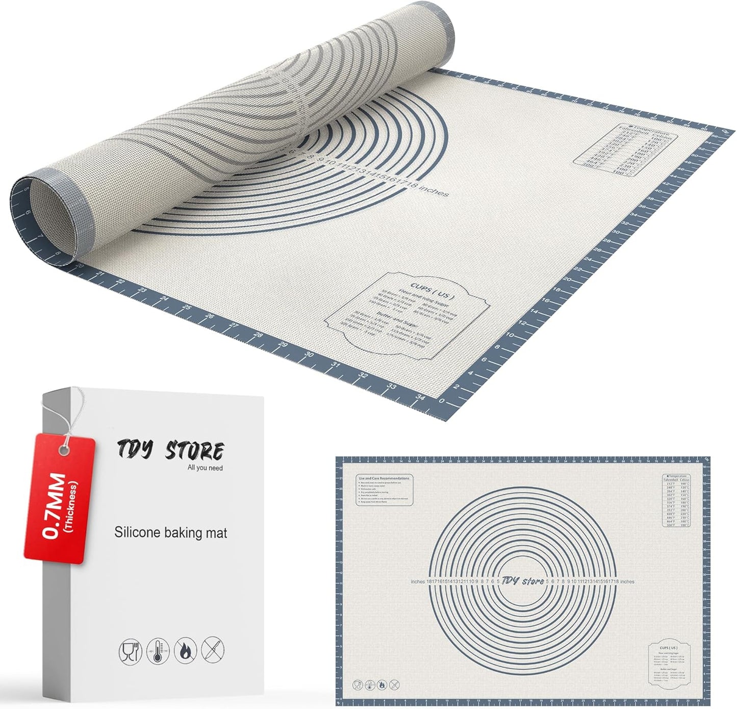 36 * 24 inches Grey, Non-Slip Silicone Baking Sheets - Baking Mat with 0.7mm Thickness - Non-Stick Pastry & Cookie Mat for Kitchen Counter for Rolling Out Dough with Measurements.