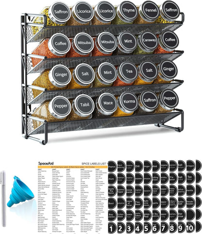 SpaceAid Spice Rack Organizer with 24 Spice Jars, 386 Spice Labels, Chalk Marker and Funnel Set for Cabinet, Countertop, Pantry, Cupboard or Door & Wall Mount -24 Jars, 11.8" W × 10.8" H, Black
