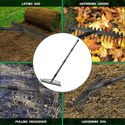 77'' Bow Rake ，17 Tines Metal Head Rakes with Stainless Steel Handle，Heavy Duty Garden Rake for Loosening Soil Gathering Leaf Leveling Lawn Farming Land Management Yarn Thatch Rake
