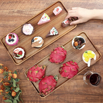 2 pcs 15.7" x 7" Large Solid Acacia Wood Serving Trays Rectangular Wooden Serving Platters Natural Wooden Boards for Bar Coffee Party