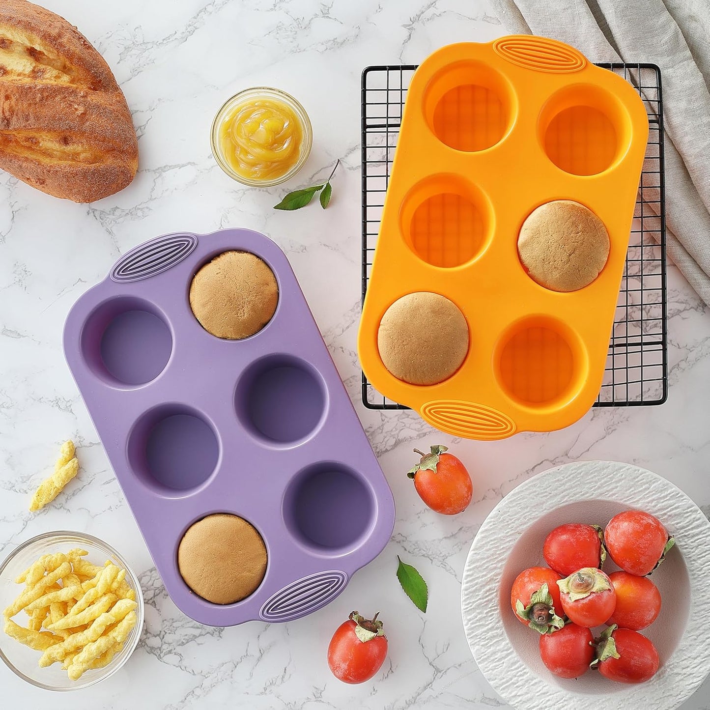 JJOO 2PCS Silicone Muffin Pan, 6-Cavity Nonstick Muffin Cupcake Pans Molds for Baking, Great for Cupcakes, Muffin, Brownies and More, BPA Free, Pack of 2 Colors (Orange and Purple)