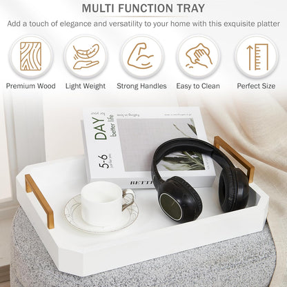 Decorative Acacia Wood Ottoman Tray - Coffee Table Tray - Breakfast, Party, Drinks, Snack, Liquor Serving Platter - Farmhouse to Modern - Brass Handles (Moonlight White)