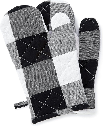 Encasa XO Long 12"x7" Oven Microwave Hand Gloves Mitts (2 pc Set) for Kitchen Cooking & Baking - Heat Resistant, Thick & Safe, Protection of Hands from Hot Utensils - Buffalo Black Checks