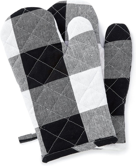 Encasa XO Long 12"x7" Oven Microwave Hand Gloves Mitts (2 pc Set) for Kitchen Cooking & Baking - Heat Resistant, Thick & Safe, Protection of Hands from Hot Utensils - Buffalo Black Checks