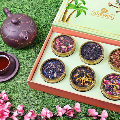 BREWIX, Discover Bliss Premium Assorted Tea Gift Set for Women (6 Premium Teas / 75+ Cup) | Tea Gift Sets For Tea Lover | Tin Caddy Presentation Box | Gifts for Her | Gifts for Women