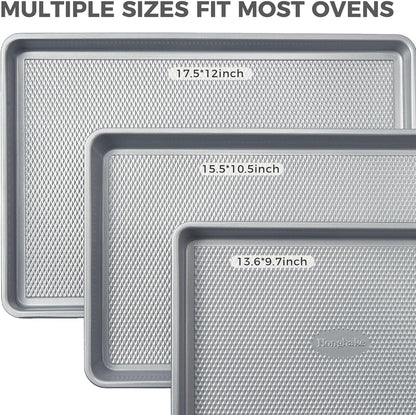 HONGBAKE Naturally Non Toxic Baking Sheet Pan Set of 3, Heavy Duty Aluminized Steel Cookie Sheets, Half/Quarter/Jelly Roll Pans with Textured Nonstick Surface, Free of PTFE & PFOA