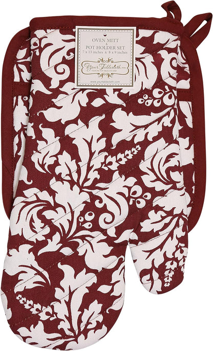 Yourtablecloth Set of Oven Mitt and Pot Holder or Oven Gloves-100% Cotton, High Heat Resistance, Superior Protection & Comfort–Elegant Design-Machine Washable-BlackBerry