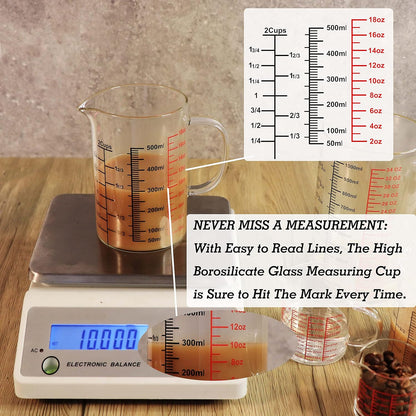 Glass Measuring Cup-[Insulated handle | V-Shaped Spout]-Made of High Borosilicate Glass Measuring Cup for Kitchen or Restaurant, Easy to Read, 500 ML (16 Oz, 2 Cup)