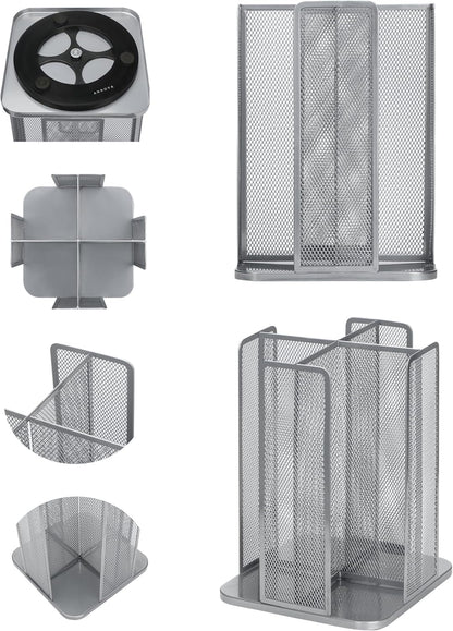 Annova Paper/Plastic Cup and Lid Holder Plastic Storage Organizer, 360°Rotating Coffee Mup Dispenser with 4 Compartments, Multifunctional Storage Rack for Home, Office, Bar, Coffee Shop (Silver)