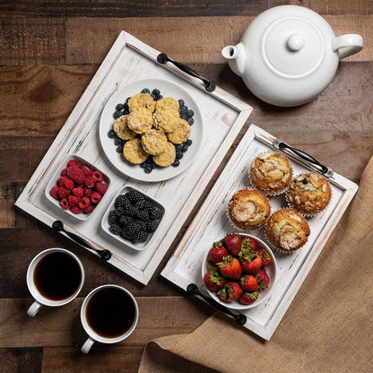 Rustic Serving Tray with Handles - 2 Nesting Trays for Serving Food - Wooden Tray for Decor, Coffee Table & Ottoman - Large Serving Tray with Distressed White Finish to Complement Any Decor
