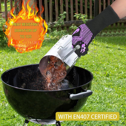 BBQ Fireproof Gloves, Grill Cut-Resistant Gloves 1472°F Heat Resistant Gloves, Non-Slip Silicone Oven Gloves, Kitchen Safe Cooking Gloves for Oven Mitts,Barbecue,Cooking, Frying,13.5 Inch-Purple