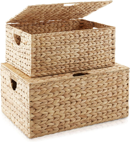 Casafield Set of 2 Water Hyacinth Rectangular Storage Baskets with Lids (Natural - Medium/Large) for Bedroom, Bathroom, Laundry, Home Office