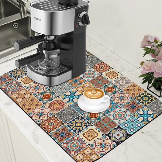 Dish Drying Mat Multicolor Portuguese Tiles Coffee Bar Mat for Countertop Absorbent Rubber Backed Hide Stain Dish Drainer Rack Pad Coffee Maker Espresso Machine Dining Room Decor 15.7 x 23.6 Inch
