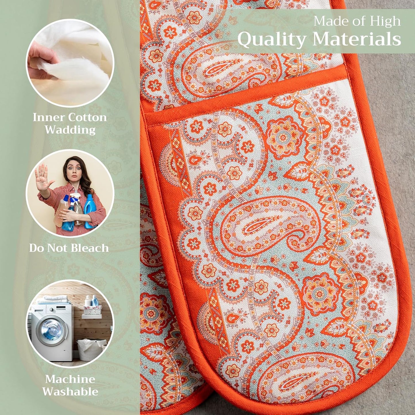 Maison d' Hermine Double Oven Mitts 100% Cotton 7"x35" Double Oven Mitt Heat Resistant BBQ Cooking Gloves with Loop, Baking, Grilling, Home, Kitchen, Handling Hot Pans (Cachemire)