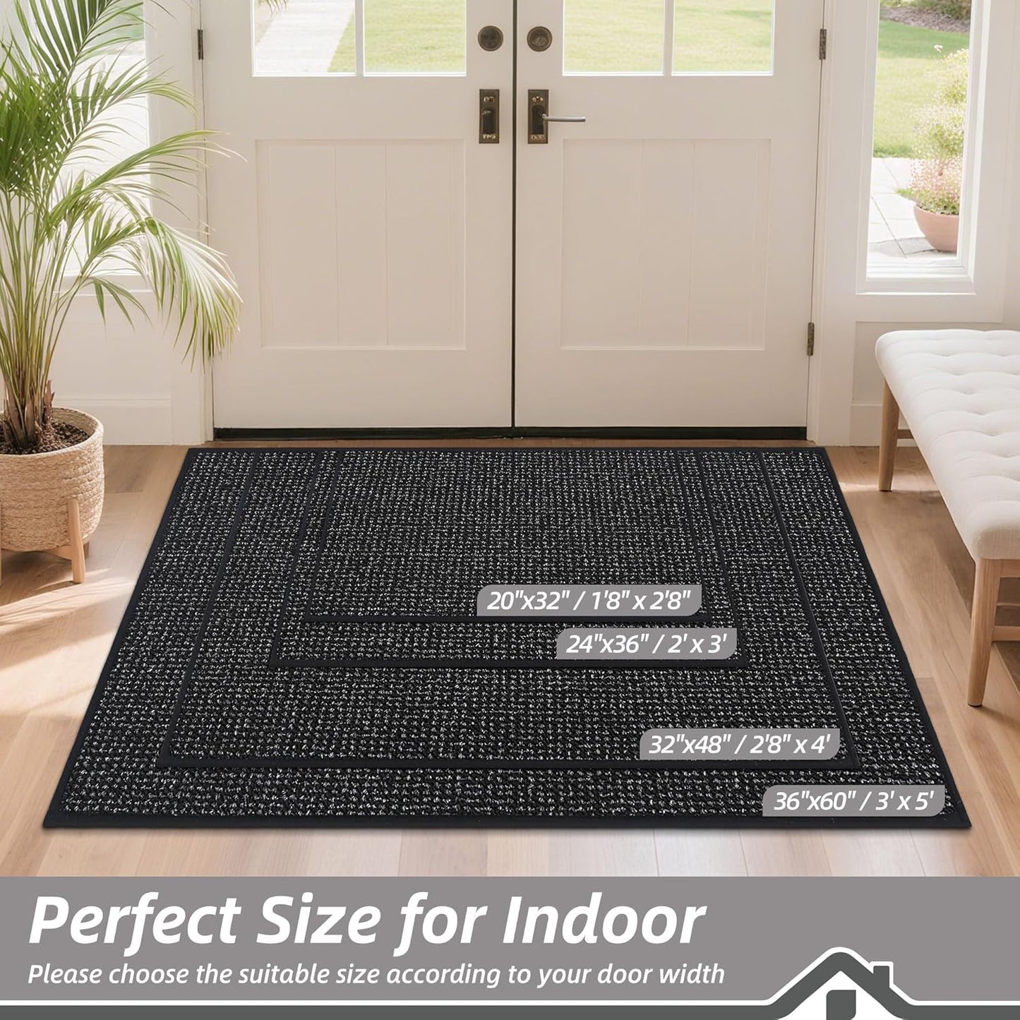 BEQHAUSE Dirt Trapper Door Mat 20" x 32", Non-Slip Washable Doormats Entrance Mat, Dirt Resistant and Absorbent Welcome Mat, Low Profile Floor Mats for Front Back Door and Entryway, Black