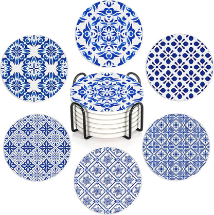 Drink Coasters Set of 6 with Holder, Handpainted Blue Pattern Absorbent Ceramic Coasters with Cork Base,Fit All Cups,Great Gift for Housewarming,Room Decor,Bar,Holiday Party