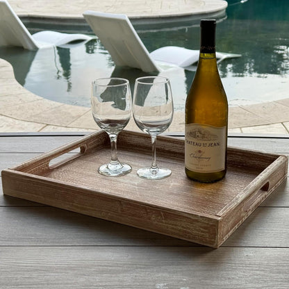 Allgala Wooden Tray - 17"x13"x2" Vintage Beige Rectangle Stylish Rustic Farmhouse Decor Serving Platter