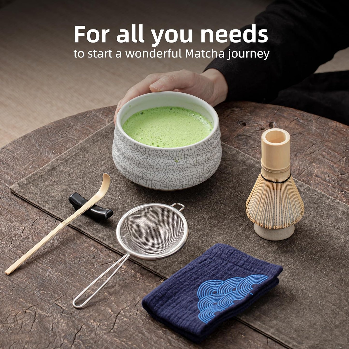 TEANAGOO Matcha Whisk Set, 7 Pcs Matcha Set, Matcha Kit for Ceremony, Matcha Tea Set for Making Breakfast/Latte, Matcha Whisk Set and Ceramic Bowl with All Accessories, Gift for Matcha Lover
