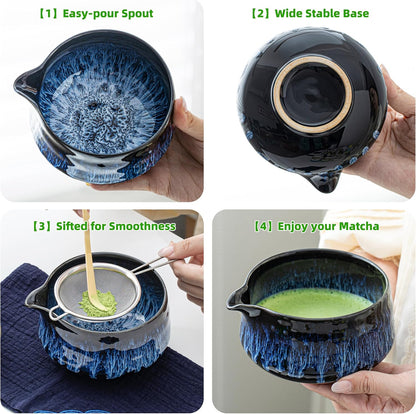 TEANAGOO 7 Pcs Matcha Whisk Set,Matcha Set for Ceremony,Matcha Kit Junware-Blue,Matcha Tea Set for Making Breakfast/Latte,Ceramic Bowl(chawan) whith Spout and Whisk,Gift for Matcha Lover