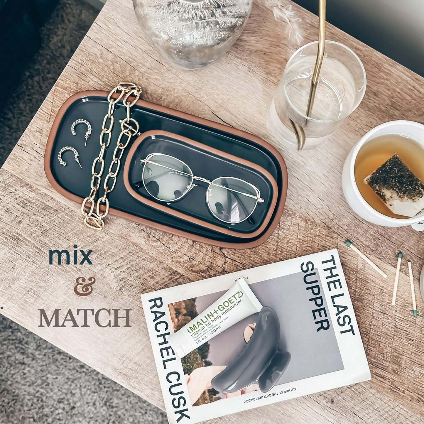 Mora Ceramic Decorative Tray - Rectangle 6.4in Dish for Jewelry, Perfume, Makeup, Accessories, Candle, in The Bathroom Vanity, Bedside, or Kitchen Counter. Cute Organizers - Black