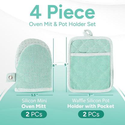 Casa Platino Heat Resistant Oven Mitts & Pot Holders, 4-Piece – Oven Mitt for Baking & BBQ, Potholders for Kitchens – Withstands Heat Up to 500°F, Soft, Durable & Non-Slip – Sage