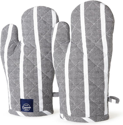 Encasa XO Long 12"x7" Oven Microwave Hand Gloves Mitts (2 pc Set) for Kitchen Cooking & Baking - Heat Resistant, Thick & Safe, Protection of Hands from Hot Utensils - Roma Grey Stripes