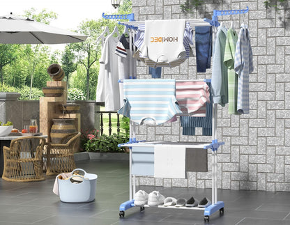 HOMIDEC Clothes Drying Rack, Large 4-Tier Foldable Drying Rack Clothing (67.7H x 19.7W x 30L Inches), Movable with 4 Castors. Multifunctional Stainless Steel Laundry Drying Rack, Blue