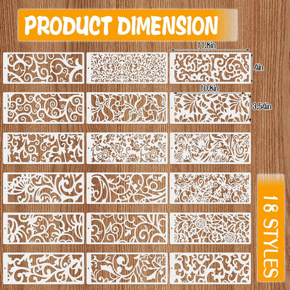 18 Pcs Large Flower Border Stencils for Painting, Reusable Plastic Leaf Cake Decorating Stencils for Baking, Hollowed Floral Edge Painting Templates for DIY Wood Wall Tile Furniture Canvas, 4" x 11.8"