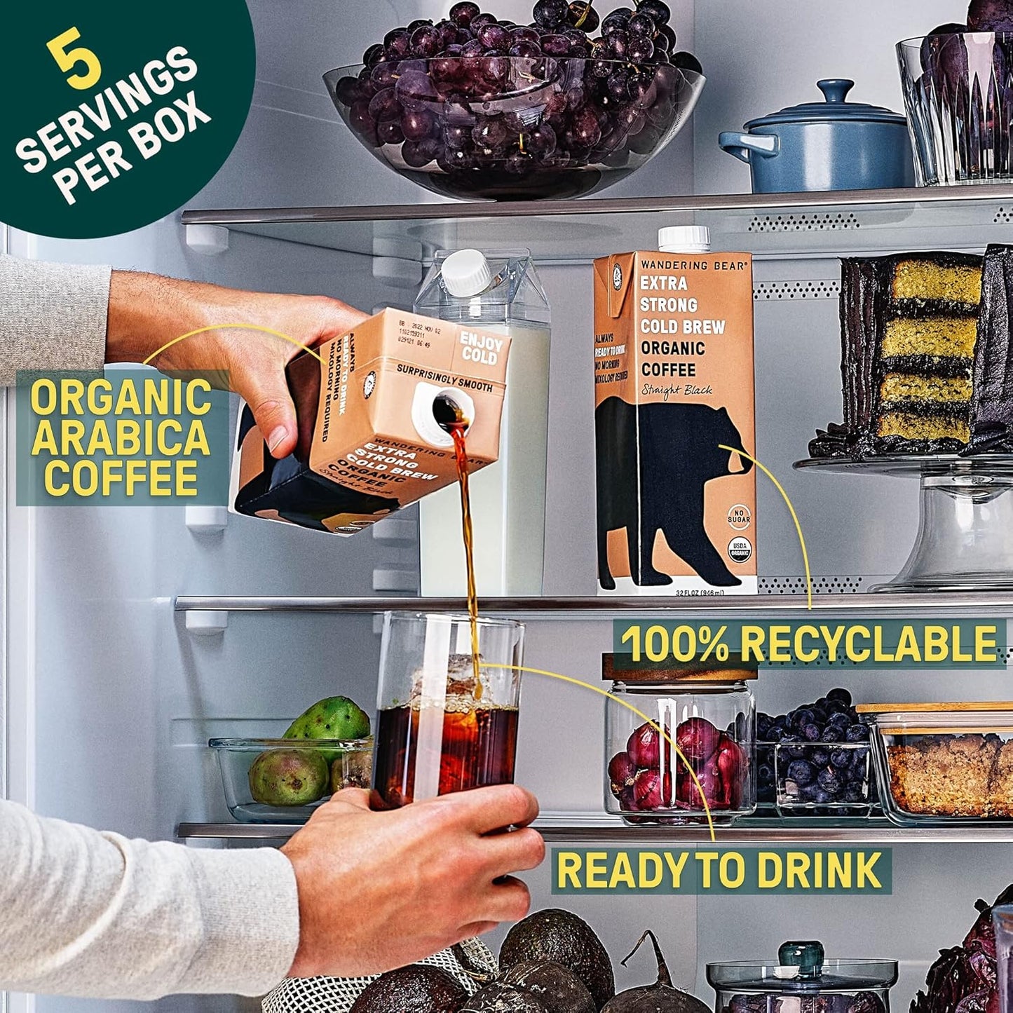 Wandering Bear Straight Black Organic Cold Brew Coffee, 32 fl oz, 3 pack - Extra Strong, Smooth, Organic, Unsweetened, Shelf-Stable, Ready to Drink Iced Coffee