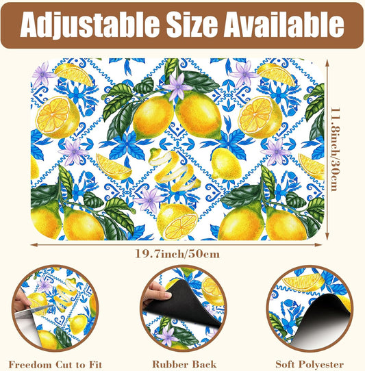 Lemon Fruit and Purple Flower Coffee Mat Absorbent Dish Drying Mat for Kitchen Counter Hide Stain Rubber Backed Coffee Bar Accessories Fit Under Espresso Machine Dish Drainer, 11.8 x 19.7 Inch