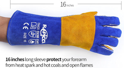 Welding Gloves Fire Heat Resistant: Blue 16IN 932℉ - Fireproof Leather For Stick Mig Flux-Core Welder Forge Blacksmith Fireplace Wood Stove Fire Pit Grill Oven Furnace Handling Dry Ice - Birthday Gift