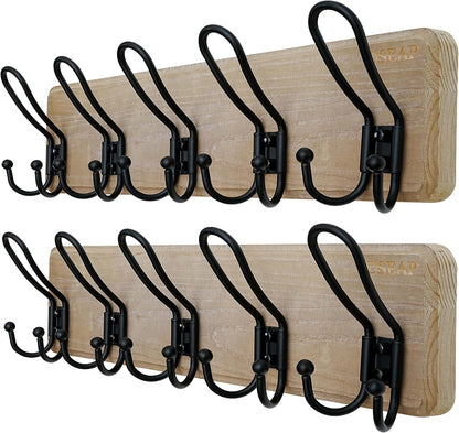 Dseap Coat Rack Wall Mounted - Heavy Duty Farmhouse Rustic Wall Coat Hanger with 5 Wire Hooks for Clothes Hat Jacket Towel, RusticWire, J1-5A, Weathered Brown & Black, Pack of 2