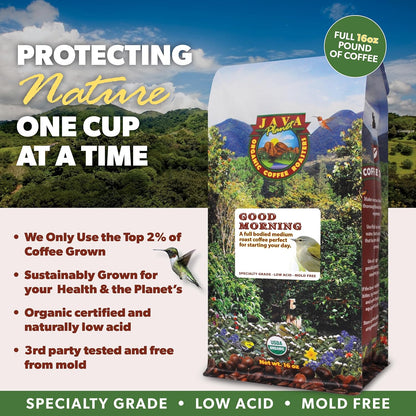 Low Acid Organic Coffee – Whole Bean, Mold-Free & Stomach Friendly by Java Planet, Good Morning Blend Coffee, Medium Roast, Smooth Full Flavored, 1LB Bag
