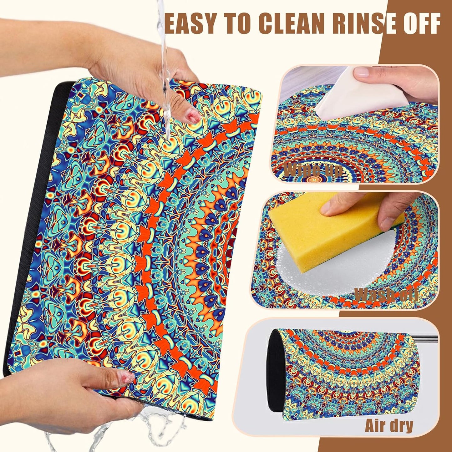 Boho Mandala Ethnic Coffee Mat Absorbent Dish Drying Mat for Kitchen Counter Hide Stain Rubber Backed Coffee Bar Accessories Fit Under Espresso Machine Dish Drainer 15.7 x 23.6 Inch